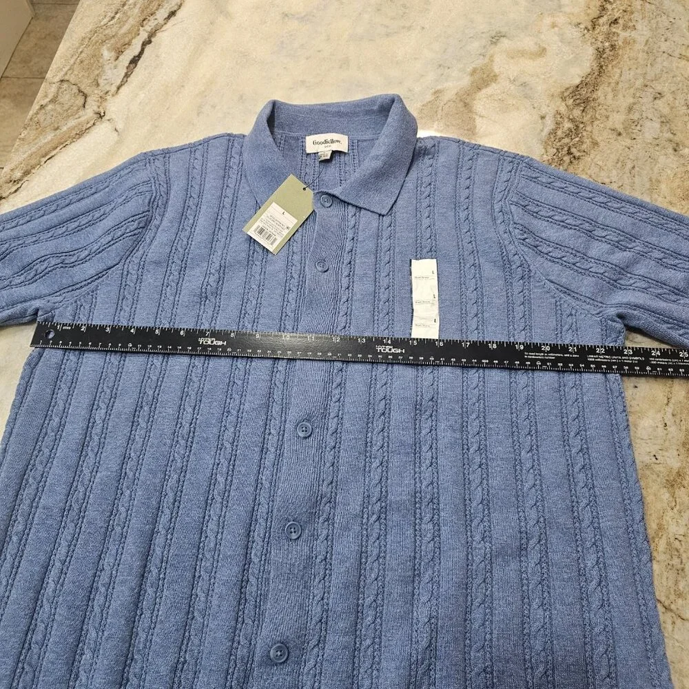 Goodfellow Cable Knit Button Up Polo Shirt Men’s Large Blue NWT Short Sleeve
